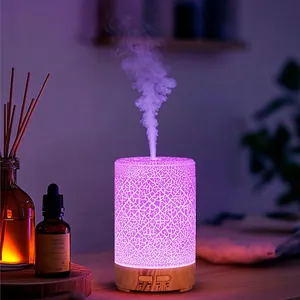 Portable USB humidifer and aroma diffuser with crackle glass design and wood grain base