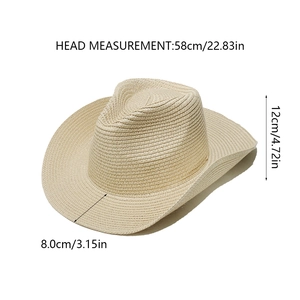 Size guide for straw cowboy hat showing 58cm head measurement and 8cm brim width