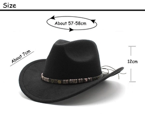 Steampunk wool felt cowboy hat in black featuring metal gears and 57-58cm size guide