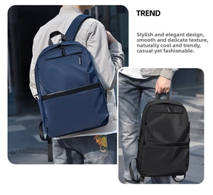 Detail view of stylish waterproof nylon backpacks in navy blue and black with zipper accents
