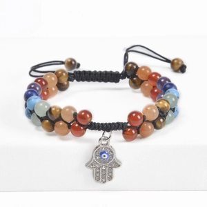 Hamsa Hand Evil Eye Bracelet Natural Stone Tiger Eye Agate Beads Layered Adjustable Braided Rope Bohemian Jewelry