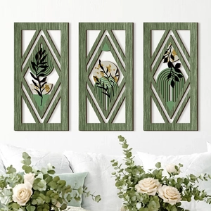Hollow Wood Wall Art Decor Diamond Shape Plant Leaf Pattern Pastoral Hanging Plaque Home Office Living Room Decoration