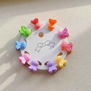 Detailed view of 10-piece mini macaron flower hair clips arranged on a white display card