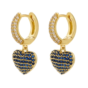 Luxurious gold heart hoop earrings with micro-pave blue stones and sparkling crystals