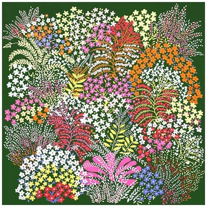 Floral silk square scarf with vibrant botanical print and dark green background