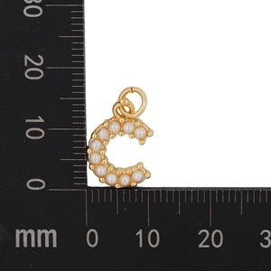 Macro detail of gold letter C pendant with small pearls showing 10mm x 8mm dimensions