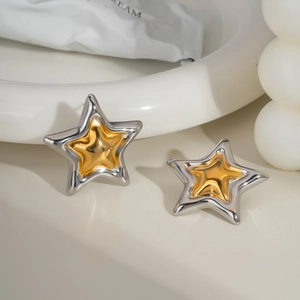 Boucles d'oreilles étoiles bicolores modernes en or et argent avec finition polie chic
