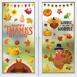 Thanksgiving window clings featuring cartoon turkeys, maple leaves, and festive pumpkins
