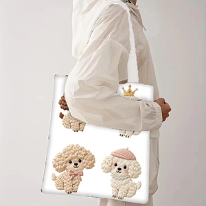 Sac fourre-tout en toile blanche avec imprimé caniches 3D et bandoulière longue