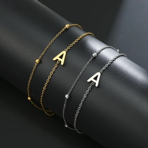Minimalist stainless steel double-layered bead bracelet with letter A pendant gold and silver