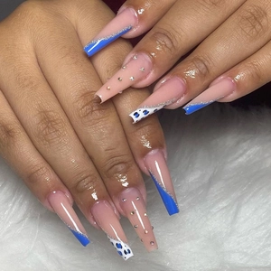 Coffin Press On Nails Long French Slanted Blue Leopard Print Glitter Rhinestone Fashion False Nails