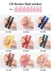Detailed size chart for solid color adhesive nail stickers in various stylish colors