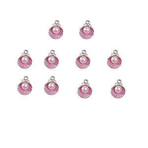 Detailed view of pink enamel shell charms with white pearls and gold-tone metal loops