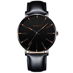 Détail de la montre à quartz Geneva pour homme avec bracelet en cuir noir et index orange
