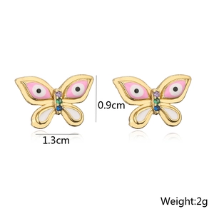 Detail of 18K gold butterfly earrings with pink enamel, gems and dimensions 1.3cm by 0.9cm
