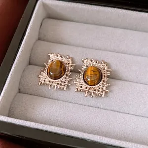 French vintage oval tiger eye earrings with textured gold frame in velvet box