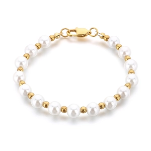 Elegant white freshwater pearl bracelet with gold beads and a secure lobster clasp