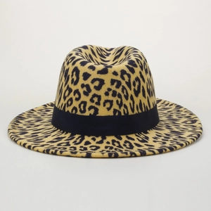 Detail of leopard print wool felt fedora with black ribbon band and wide brim
