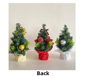 Rear view of mini Christmas trees in gold, red, and silver with festive decorations