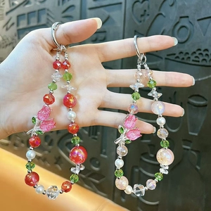 Exquisite handmade crystal tulip flower beaded phone charm strap and bag pendant set