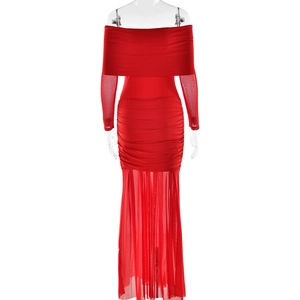 Detail view of red off-shoulder ruched dress with sheer mesh paneling and long sleeves
