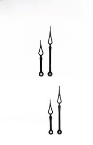 Detail of model 968 black metal quartz clock hands with elegant teardrop hollow design
