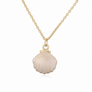 Minimalist gold shell pendant necklace for women with beige enamel shell on thin chain