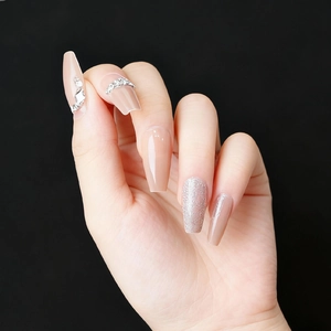 Long Coffin Press On Nails Nude Gradient Rhinestone Glitter Fake Nails Detachable Ballerina Shape Elegant Salon Style Women