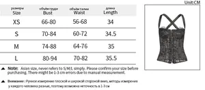 Detailed size guide table for lace bustier crop top including bust waist measurements