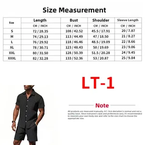 Detailed size chart for men's linen short sleeve shirt and shorts set with measurements