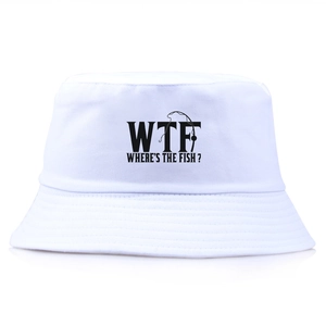 White Where's The Fish fisherman hat with contrast fishing graphic and bucket hat style