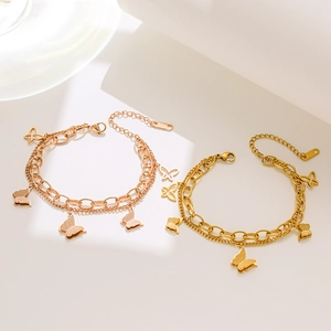 Double-layered rose gold titanium steel bracelet featuring matte and hollow butterfly charms