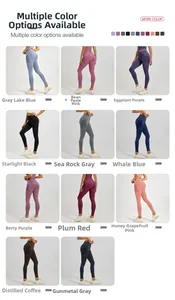 Detail showing 11 color options of high-waist yoga leggings with side pockets
