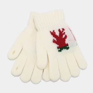 Close-up of white knit gloves with festive reindeer pattern and touch-screen finger openings