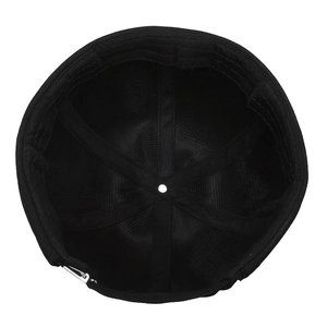 Black cotton docker hat with six-panel stitching and adjustable silver metal buckle
