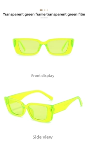 Detail of trendy small square candy green translucent sunglasses from two angles