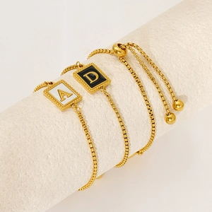 Square Initial Letter Pendant Bracelet Stainless Steel Adjustable 18K Gold Plated Shell Enamel Minimalist Jewelry
