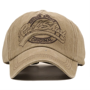 Close-up of Rock Shark outdoor sports 3D embroidery on khaki canvas baseball cap