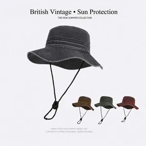 Chapeau Bob Délavé Vintage Britannique Bord Large Protection Solaire Respirante Pêche Randonnée En Plein Air Casquette Avec Cordon Coupe-vent Réglable