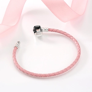 Pink braided leather bracelet with silver S925 sterling silver clasp for charms
