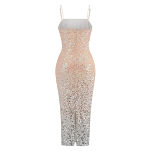 Detail of sequin evening dress featuring champagne gradient and slim back zipper closure