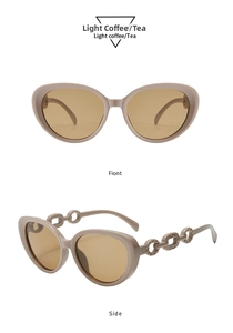 Cat eye sunglasses with light coffee chain temples shown from front and side angles