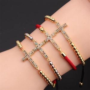 Cross Bracelet Copper Gold Plated Colorful Zircon Rainbow Adjustable Religious Jewelry For Women