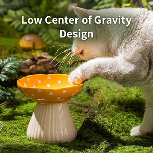 Ceramic mushroom elevated cat bowl with wide mouth and ergonomic neck protection design