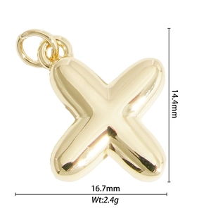 Detailed macro view of gold-plated X-letter bubble pendant with 16.7mm width and weight