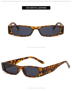 Detail of matte leopard square sunglasses with dark grey lenses and retro narrow frame