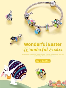 Bracelet charms Pâques en argent S925 avec breloques lapin et œufs en émail coloré