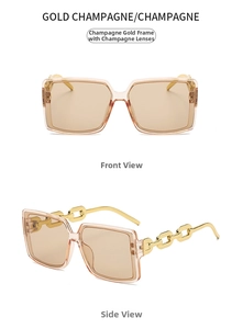Detail of square champagne gold sunglasses featuring stylish metal chain temples and lenses