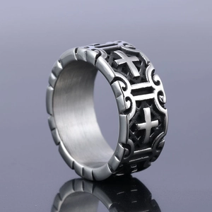 Retro punk rock cross stainless steel ring with gothic engraving for men in silver finish