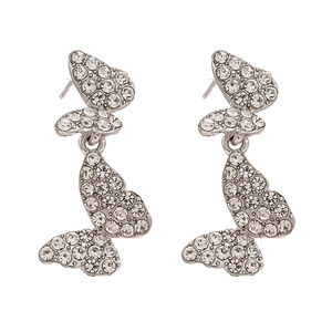 Elegant silver tassel butterfly earrings with sparkling cubic zirconia on white background